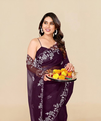 FINERFLY Embroidered Bollywood Art Silk Saree(Brown)