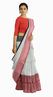 Bhadra Self Design Handloom Pure Cotton Saree(White, Red)