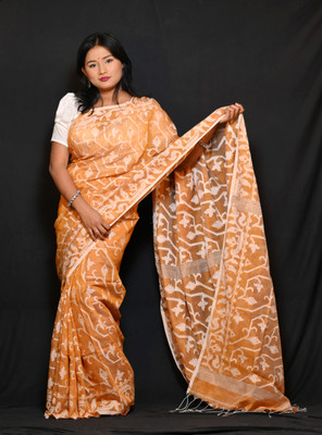 HouseOfCommon Printed Handloom Cotton Linen Saree(Brown)