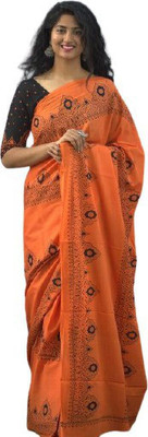 Tropwear Printed, Self Design, Digital Print Ikkat Pure Cotton Saree(Orange)