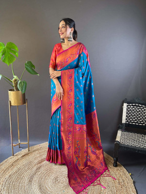all about you Woven Paithani Silk Blend Saree(Blue)