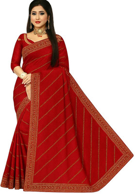 Shubhmilan Embroidered Saree with Attached Blouse Georgette Saree(Red)