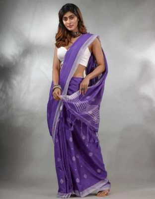 ADbutiq Self Design Bollywood Handloom Cotton Blend Saree(Purple)