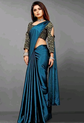 Arpita Fashion Solid/Plain, Self Design Bollywood Satin Saree(Dark Blue)