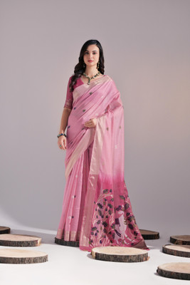 PeachPetals Embroidered, Printed, Woven Banarasi Cotton Blend Saree(Pink)