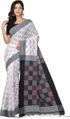 crochetin Woven Handloom Cotton Blend Saree(White, Grey)
