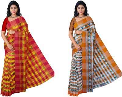 Mayabi Printed Tant Pure Cotton Saree(Pack of 2, Multicolor)