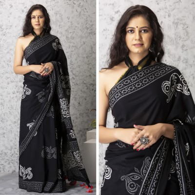 Craftmusium Printed, Color Block, Blocked Printed, Floral Print, Dyed Daily Wear Pure Cotton Saree(Black)