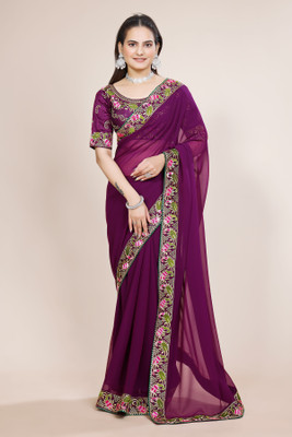 Shilpa Fashion Solid/Plain, Embroidered Bollywood Georgette Saree(Purple)