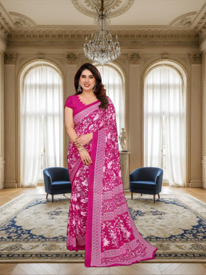 SmittenSmit Printed Bollywood Georgette Saree(Pink, White)