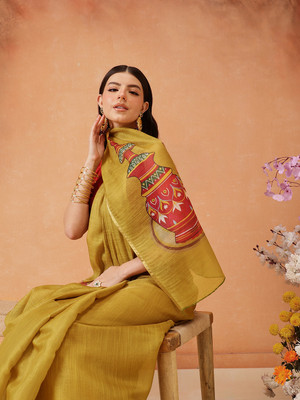 SILK ZONE Digital Print Chanderi Cotton Blend Saree(Mustard)