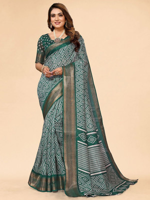 Moda Rapido Printed Bandhani Cotton Blend Saree(Green)