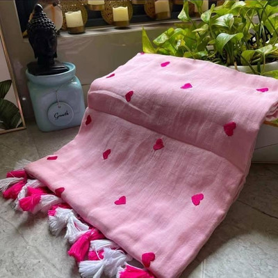 SARATHITEXTILE Embroidered Handloom Cotton Blend Saree(Pink)