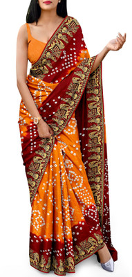 JERAVI Enterprise Self Design, Hand Painted Bandhani Art Silk Saree(Yellow, Maroon)