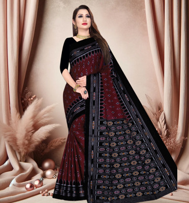 Sumit Textiles Printed Handloom Cotton Blend Saree(Maroon)