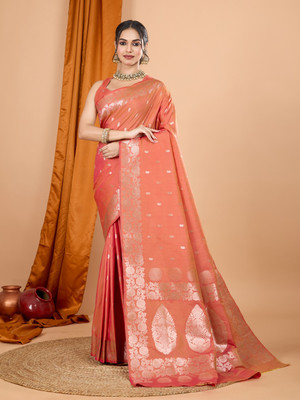SICHYAH Woven, Self Design, Embellished Banarasi Pure Silk Saree(Orange)
