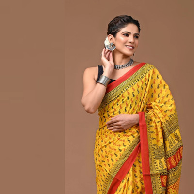 Tetarwal Printed Daily Wear Pure Cotton Saree(Yellow)