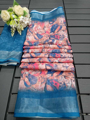 ASHTA Floral Print Kanjivaram Linen Saree(Grey, Pink)