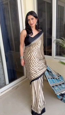 Sanjana Silks Printed Bollywood Crepe Saree(Black, Beige)