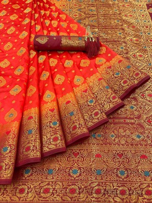 KanjiQueen Woven Kanjivaram Silk Blend, Pure Silk Saree(Orange)