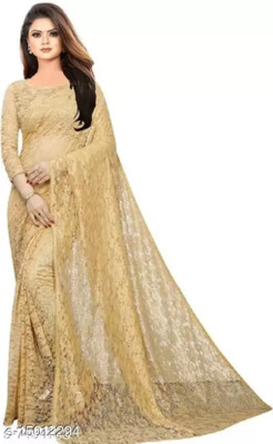 Nilkanthvarni Creation Self Design Bollywood Net Saree(Beige)
