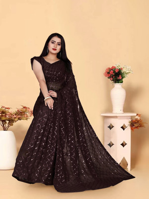 Clemira Checkered, Embellished Bollywood Georgette Saree(Brown)