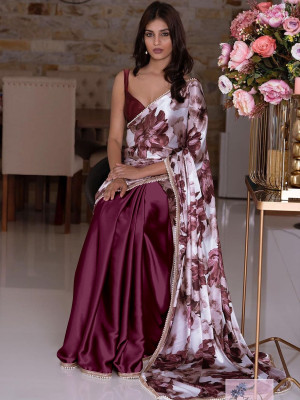 Aika Digital Print Bollywood Satin Saree(Purple)