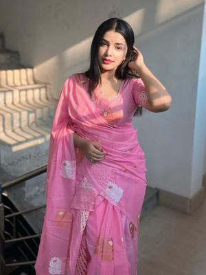 AREEVANZ Self Design Mekhela Chador Cotton Blend Saree(Pink)