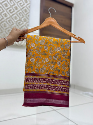 Vihan Fab Printed Kalamkari Mulmul Saree(Mustard)