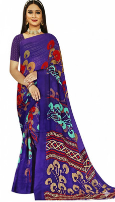 Ridhisoft Floral Print Bollywood Cotton Blend Saree(Blue)
