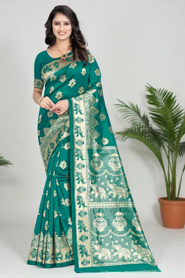 LERYZA Woven Banarasi Jacquard Saree(Green)