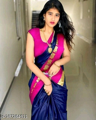S S CREATION Woven Kanjivaram Pure Silk Saree(Blue)