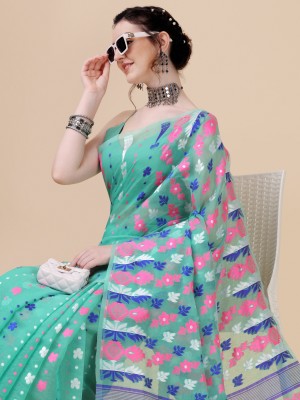 Ethnic Junction Printed Jamdani Silk Blend Saree(Green)