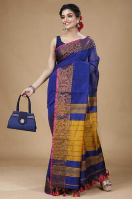 Sampa Das Woven Handloom Cotton Silk Saree(Blue, Yellow)