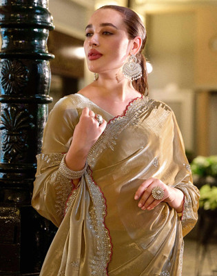 Satrani Embroidered, Embellished Bollywood Tissue Saree(Beige)