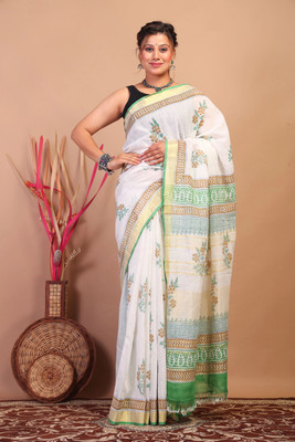 Anuttara Floral Print Bhagalpuri Cotton Linen Saree(White)