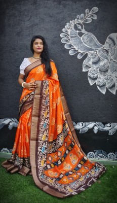 cloud vastra Printed Handloom Tussar Silk Saree(Orange, Multicolor)