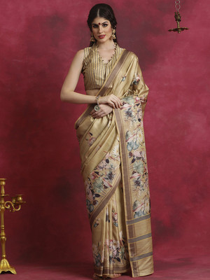 Tasrika Printed Daily Wear Cotton Blend Saree(Beige)
