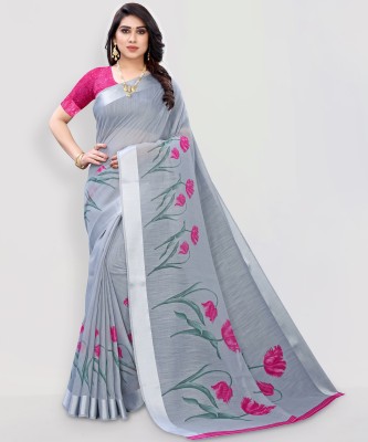 Samah Floral Print, Embellished, Printed Daily Wear Cotton Silk, Cotton Blend Saree(Grey, Pink)