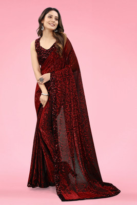 Amavii Embellished, Self Design Banarasi Lycra Blend Saree(Maroon)