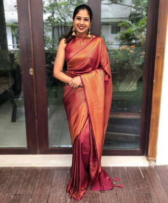 Hesperos Self Design, Woven Bollywood Silk Blend Saree(Maroon)