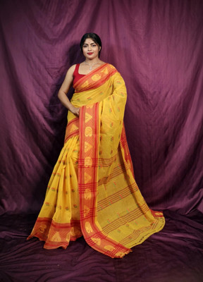 SABITA CUSTOMERY Printed Tant Pure Cotton Saree(Red, Yellow)