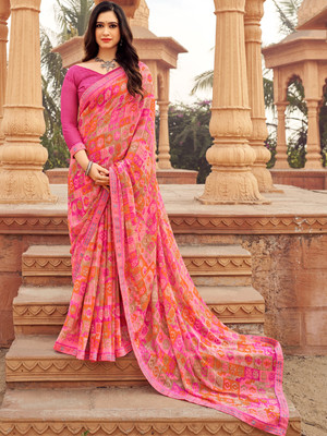 Divastri Printed Bollywood Chiffon Saree(Pink)