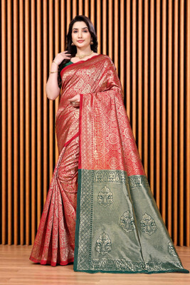 JAY KHODIYAR EMBROIDERY Woven Bollywood Jacquard Saree(Red)