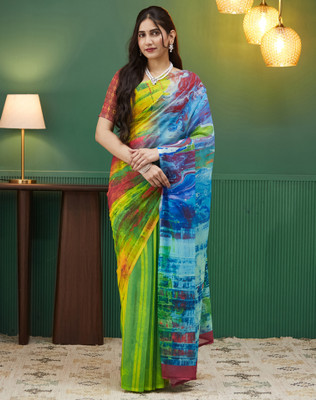 SIRIL Printed Daily Wear Georgette, Lace Saree(Yellow, Green)