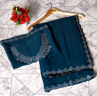 pari creation Solid/Plain, Embellished, Dyed Bollywood Georgette Saree(Light Blue)