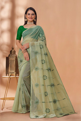 Crystallfashion Self Design Bollywood Organza Saree(Green)