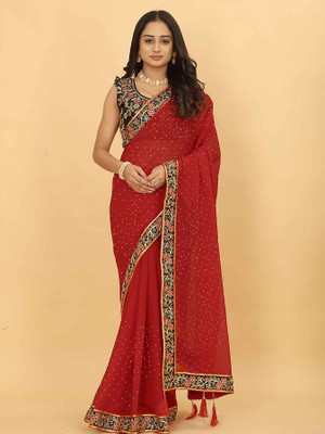 LAKHADATARI PRINTS Printed, Embellished, Blocked Printed Bandhani Georgette, Chiffon Saree(Red)
