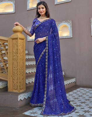 Satrani Printed, Embroidered, Embellished Bandhani Georgette Saree(Blue)