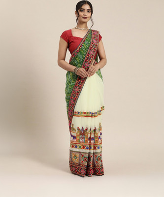 Tasrika Self Design, Embroidered, Printed Bandhani Georgette Saree(Green, Beige)